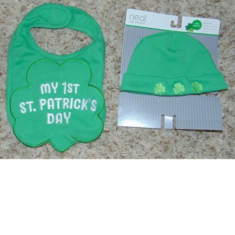 Baby St. Patricks Day Bib & Hat "My First" Neat Green & White 2 Piece Set